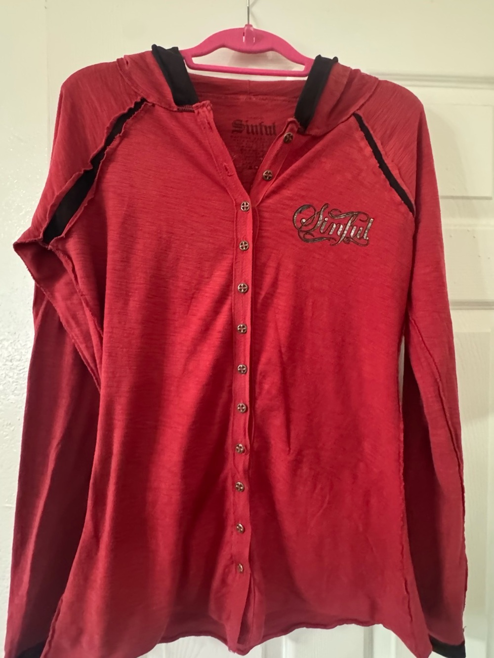 Sinful Womens Red Hooded Button-Front Sweatshirt with Black Trim
